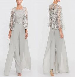 Two Pieces Jumpsuits Mother Of The Bride Dresses With Lace Jacket Silver Grey Chiffon Long Evening Party Gowns Pantsuits Plus Size1208087