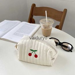 Storage Bags Cotton Cosmetic Bag Portable Cute Cherry Embroidery Storage Bags Small Women Travel Zipper Makeup Pouchvaiduryd