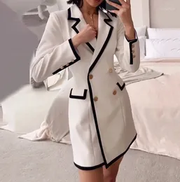 Casual Dresses For Women 2024 Autumn Double Breasted Blazer Lapel V Neck Long Sleeve Jacket Suit Dress White Office Female Mini