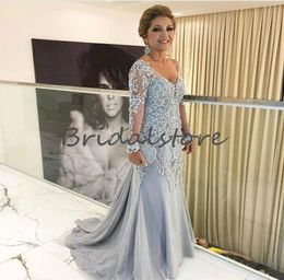 Bohemian Dusty Blue Mother Of Bride Dresses Mermaid V Neck Lace Long Sleeves Prom Dresses Evening Wear Vintage Groom Mom outfits p1131046