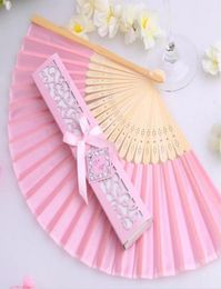 Personalised wedding Favours Silk Fold hand Fan in pink white black Luxurious Elegant LaserCut Gift Box2390085