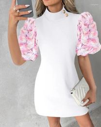 Casual Dresses For Women 2024 Spring Summer Colorblock Floral Pattern Puff Short Sleeve Mock Neck Button Mini Elegant Dress