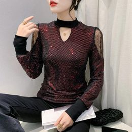 Women's T Shirts Autumn Winter Turtleneck T-Shirt Women Sexy Hollow Out Mesh Tops Long Sleeves Tees