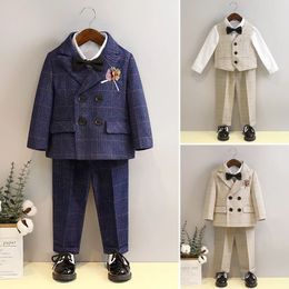 Children Wedding Pography birthday Party Suit Set Baby Boys Blazer Jacket Pants Bowtie Clothes Kids Formal Plaid Costume 240116