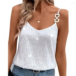 Women's Tanks 2024 Summer Women Dress Strap Solid Small Sequins Metal Buckle V-Neck StrapTank Top Fashion Sexy Tops Mujer Femme Suspensory