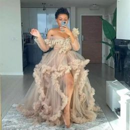 Off Shoulder Illusion Ruffles Long Sleeve Prom Dress Women Winter Sexy Kimono Pregnant Party Sleepwear Women Bathrobe Sheer Nightg200N