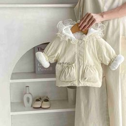 Jackets 2023 Winter New Baby Girl Long Sleeve Warm Coat Plus Velvet Thick Infant Cute Lace Hooded Clothes Toddler Padded Jacket H240508