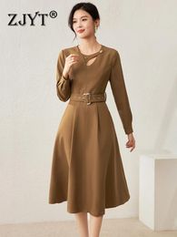 Casual Dresses ZJYT Long Sleeve Midi For Women 2024 Autumn Winter Vestidos Fashion Designer Solid Black Simple Aline Robe Femme