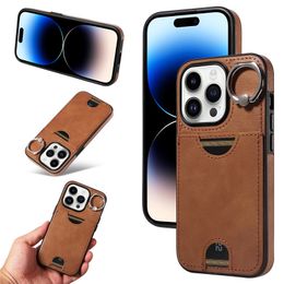 Luxury Ring Holder Leather Vogue Phone Case for iPhone 15 14 13 12 11 Pro Max Samsung Galaxy S24 S22 S23 Ultra Sturdy Business Card Slot Wallet Clutch Bracket Back Cover