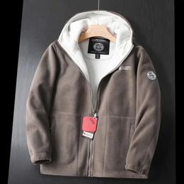 Winter Warm Men's Fleece Hooded Jacket Pockets Solid Color Casual Polar ColdProof Thickened Overcoat Plus Size Outwear 240117