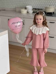 Pyjamas 2024 Spring New Girls Lace Collar Tops + FLAGE Pants 2st Suit Solid Ldren Långärmkläder Set Cotton Toddler Outfits H240508
