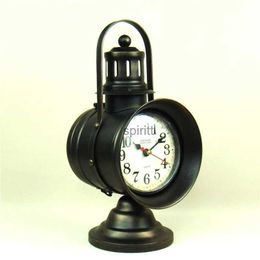 Desk Table Clocks Reminiscent Wrought Iron Art Railway Blinker Model Desk Clock Vintage Metal Hurricane Lamp Table Timepiece Decoration Craftworks YQ240118