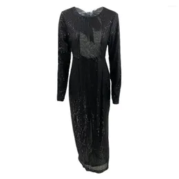 Casual Dresses Women Long Sleeve Dress Sequin Decoration Elegant Maxi With Backless Lace-up Bow For Banquet Christmas