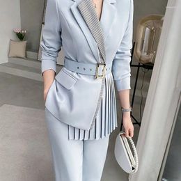 Women's Two Piece Pants 2024 Womens Suit With Belt Ladies Evening Party Tuxedos Formal Work Wear Wedding Occasion Spring Autumn Blue 2