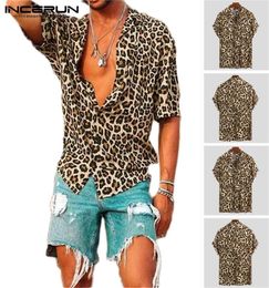 Summer Short Sleeve Leopard Print Shirt Men Lapel Neck Loose Button Up Blouse Breathable Streetwear Sexy Shirts Men INCERUN 2206115828600