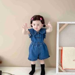 Clothing Sets 2023 Summer New Girls Sleeveless Clothes Set Baby Peter Pan Collar Denim Tops + Shorts 2pcs Suit Toddler Girl Outfits H240508