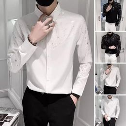 Men's Casual Shirts Fashion Men Shirt Sequin Star Long Sleeve Single-breasted Patchwork Slim Cardigan Turn-down Collar Social Blouse Top