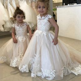 Stunning Flower Girl Dresses Sheer Neck Tiered Tulle Lace Princess Flowergirl Dresses Ball Gowns Little Toddler Birthday Party Daughter and Mother Dress CF027