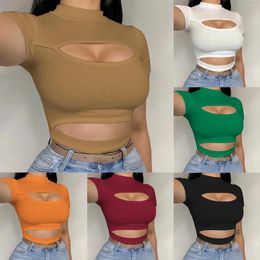 Women's T Shirts Y2K Cut Out Sexy Crop Top Women Fashion 2024 Knitted Tee Tops T-Shirt Solid Short Sleeve Casual Hollow Streetwear