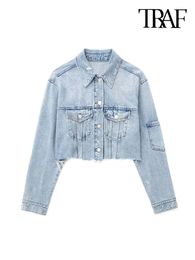 TRAF Women Fashion Patch Pockets Ripped Denim Cropped Jacket Coat Vintage Long Sleeve Frayed Hems Female Outerwear Chic Tops 240117