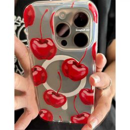 Cell Phone Cases Evening Bags INS Korean Red Cherry Magnetic ChargSoft Case For iPhone 15 14 13 12 11 Pro Xs Max X Xr 7 8 Plus SE 3 Clear Shockproof Cover J240123