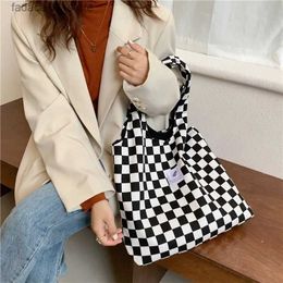 Shopping Bags Style Checkerboard Diamond Canvas Bag Handbag Autumn and Winter New Leopard Print Shopping Bag Women Q240118