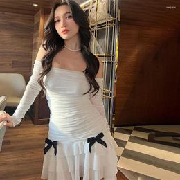 Casual Dresses Elegant Slash-neck Ruched Dress French Gentle Bow Applique Off Shoulder Tierred Mini 2024 Party Evening