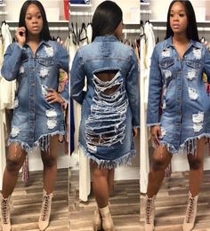 Newly Fashion Women Faded Long Line Ripped Oversized Denim Jacket Slim Distressed Washed Jeans Coat5951769