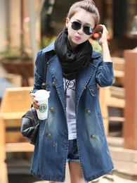 Jean Jacket for Women 2023 AutumnWinter Fashion Polo Mid Length Casual Double Breasted Belt Denim Trench Coat Top 240117