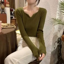 Women's T Shirts Off-Shoulder Knitwear For Women 2024 Korean Style Slim Fit French Square Collar Inner Knitted Bottoming Shirt Sweater