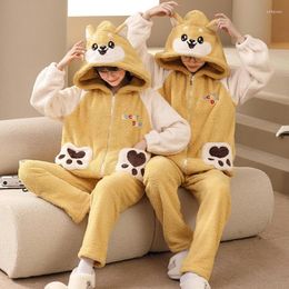 Women's Sleepwear Winter Thicken Women Pyjamas Sets Couples Men Cartoon Dog Pyjamas Korean Hooded Suits Lovers Nightgown Pijama Unisex