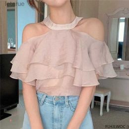 Women's Blouses Shirts Chic Korea Sexy Off Shoulder Tops Blusas Women 2023 Holiday Date Girls Layer Ruffles Transparent Sheer Mesh Short Shirts Blouses YQ240118