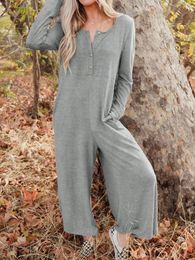 Women's Sleepwear Women Jumpsuits Casual Long Sleeve Front Button Rompers Trendy Wide Leg Loose Fit Bodysuit With Pockets