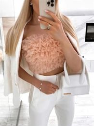 Tops TRAF Pink Mesh Crop Top Women Tulle Off Shoulder Top Female Summer Sexy Tube Tops Y2k Streetwear Sleeveless Top Bustiers Corsets