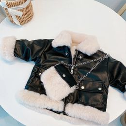Fashionable baby girl boy warm winter PU leather jacket children's artificial fur integrated thick Chaqueta jacket warm baby clothing 1-7Y 240118