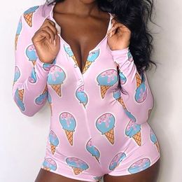 OMSJ Light Pink Cute Ice-cream Print Short Jumpsuit Women Onesies Pajamas Deep V-neck Sexy Sleepwear Button Adjult Playsuit 240117