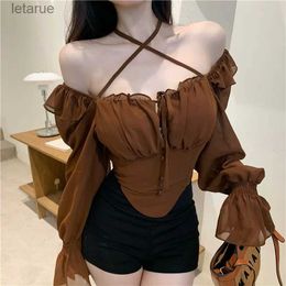 Women's Blouses Shirts Long Sleeve Ruffled Chiffon Shirt Off The Shoulder One Slim Fit Crop Top Sexy Trumpet Fungus Lace Up Blouse Retro YQ240118