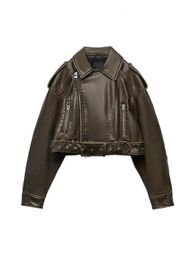 Spring Woman Faux Leather Jacket Chic Vintage Short Lapel Zipper Belt Biker Coats Fashion Streetwear Mujer 240117