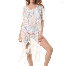 Women's Swimwear Pareo Women Beach Cover Up Embroidery Tassel Bikinis 2024 Sexy Lace Summer High Split Dress Female Swimsuit Beachwear