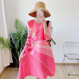 Casual Dresses Mature Temperament Pleated Dress Fashionable Summer Quarter Sleeved High-end Printed Loose A-line Skirt