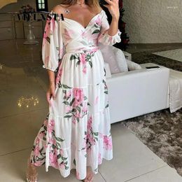 Casual Dresses 2024 Fashion Floral Print Pleated Maxi Dress Female V-Neck Chiffon Long Spring Summer Women Sexy Off Shoulder Boho