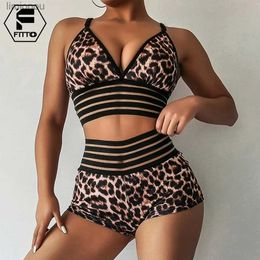 Active Sets Sexy Beachwear Leopard Bralette Crop Top Shorts 2 Piece Set Women Backless Sports Bra Elastic Waistband Scrunch Shorts Yoga SuitL240118