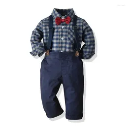 Clothing Sets Toddler Boy Gentleman Suits Kid Formal Outfit Long Sleeve Lapel Button Up Plaid Shirt Suspender Pants