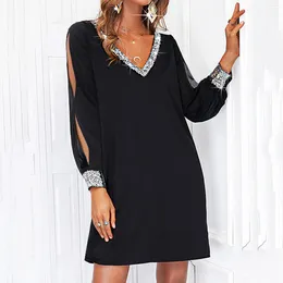 Casual Dresses Women's V Neck Mini Dress Shiny Mesh Stitching Long Sleeve Slim For Women Plus-size Straight Sundress Clothing