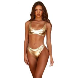 Gilded Fabric Swimsuit Women Sexy Reflective GoldSilver One-PieceTwo-Piece Bikini Double Layer Thick Material 240117