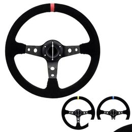 Car Steering Wheel Universal 14 Inch 350Mm Suede/Pvc Accessories Racing Wheels Deep Corn Drifting Sport Auto Turn With Logo Cars Modif Dhahc