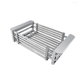 Kitchen Storage Rectangular Sink Dish Rack Strainer Drain Basket Drying Stainless Steel Foldable