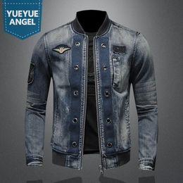 Men Vintage Stand Collar Pilot Coat Denim Bomber Jacket Plus Size 5XL Slim Fit Zipper Jean Outerwear Fashion Mens Biker Jackets 240117