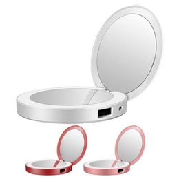 Makeup Compact Mirrors LED Mini Makeup Mirror Hand Held Fold Small Portable USB Cosmetic599