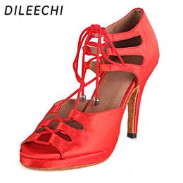 DILEECHI women's latin dance shoes salsa party dance shoes satin Waterproof platform red black bronze heel 10cm dance shoes 240117